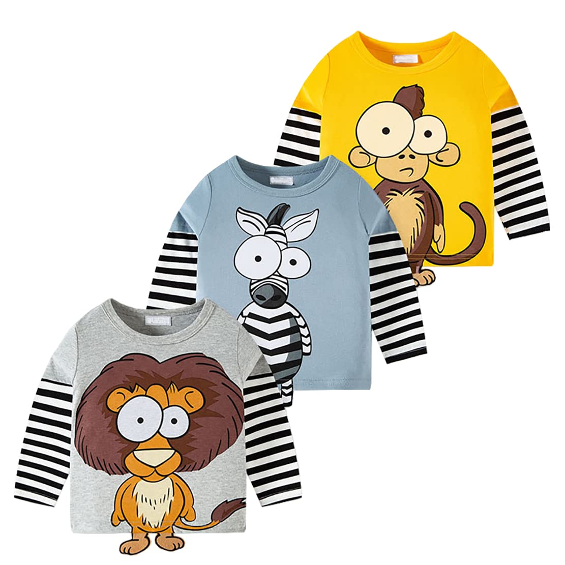 T-shirt Manches Longues Enfants Motifs Animaux Et Espace - 100% Coton, Rayures Noir Et Blanc - Tailles 2 à 7 Ans