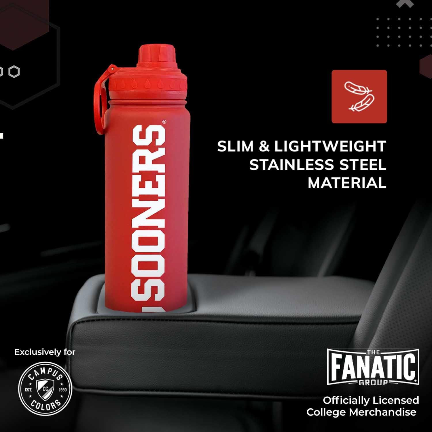 Campus Colors NCAA Stainless Steel Water Bottle - Twist on cap - 24 oz - Carry Clip - Keeps Your Drinks Hot or Cold for Hours (Oklahoma Sooners - Crimson) - Image 3