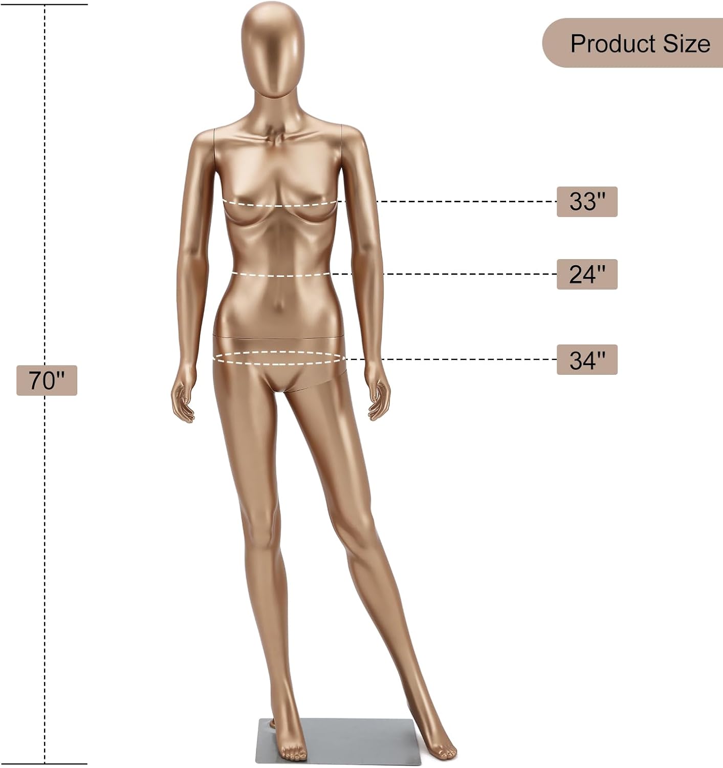 Female Mannequin Dress Full Body - 70" Realistic Mannequin Display Head Arm Rotation with Metal Base(Matte Gold)