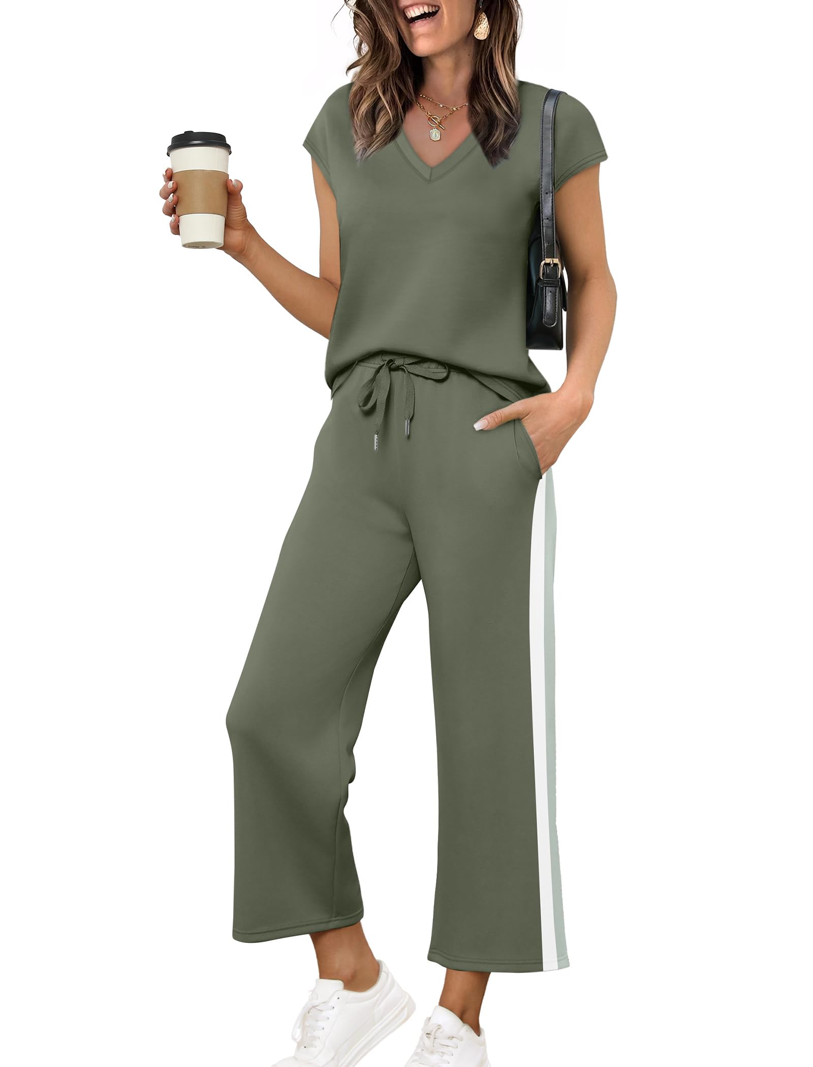 Saloogoe Two Piece Sets for Women Summer Outfits Lounge Sets V Neck Tops Wide Leg Pants Woman Vacation Travel Outfits