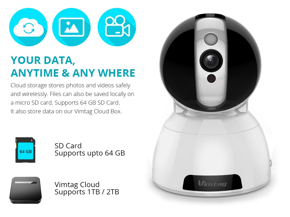 וויםtag CP1 Camera showing support for 64GB SD card and Vimtag וואָלקן סטאָרידזש