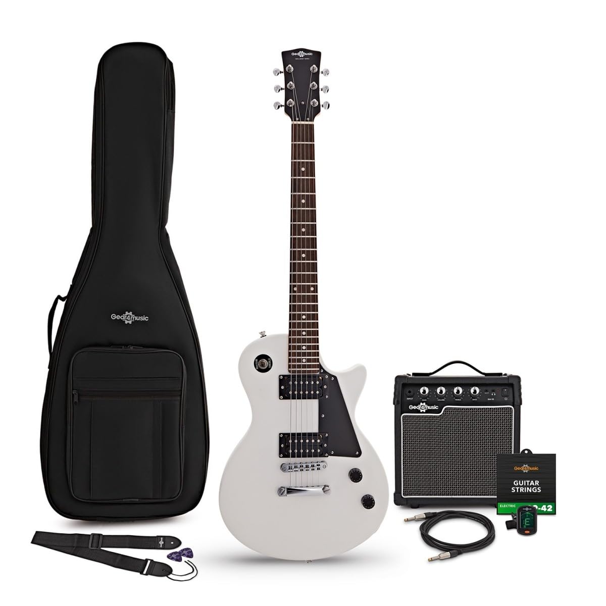 Chitarra Elettrica New Jersey Bianca, Ampli 10W e Accessori | Tutto ciò che Serve a un Chitarrista in Erba, Ampli Portatile con EQ 2 Bande e Uscita Cuffie, Manico Comodo, Accessori