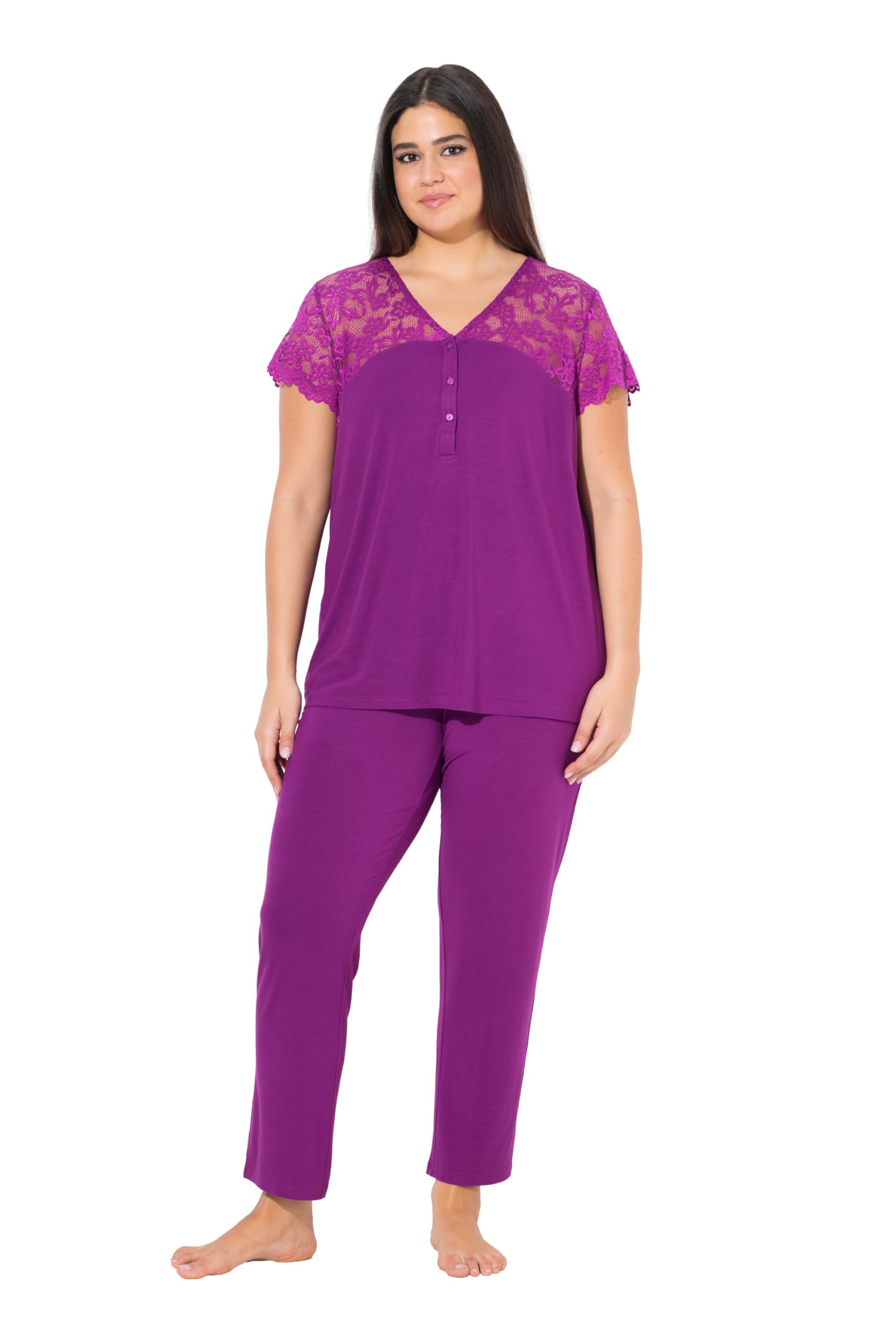 Ulla Popken Damen große Größen Übergrößen Plus Size Pyjama, Spitze, V-Ausschnitt, Spitzen-Halbarm 838139
