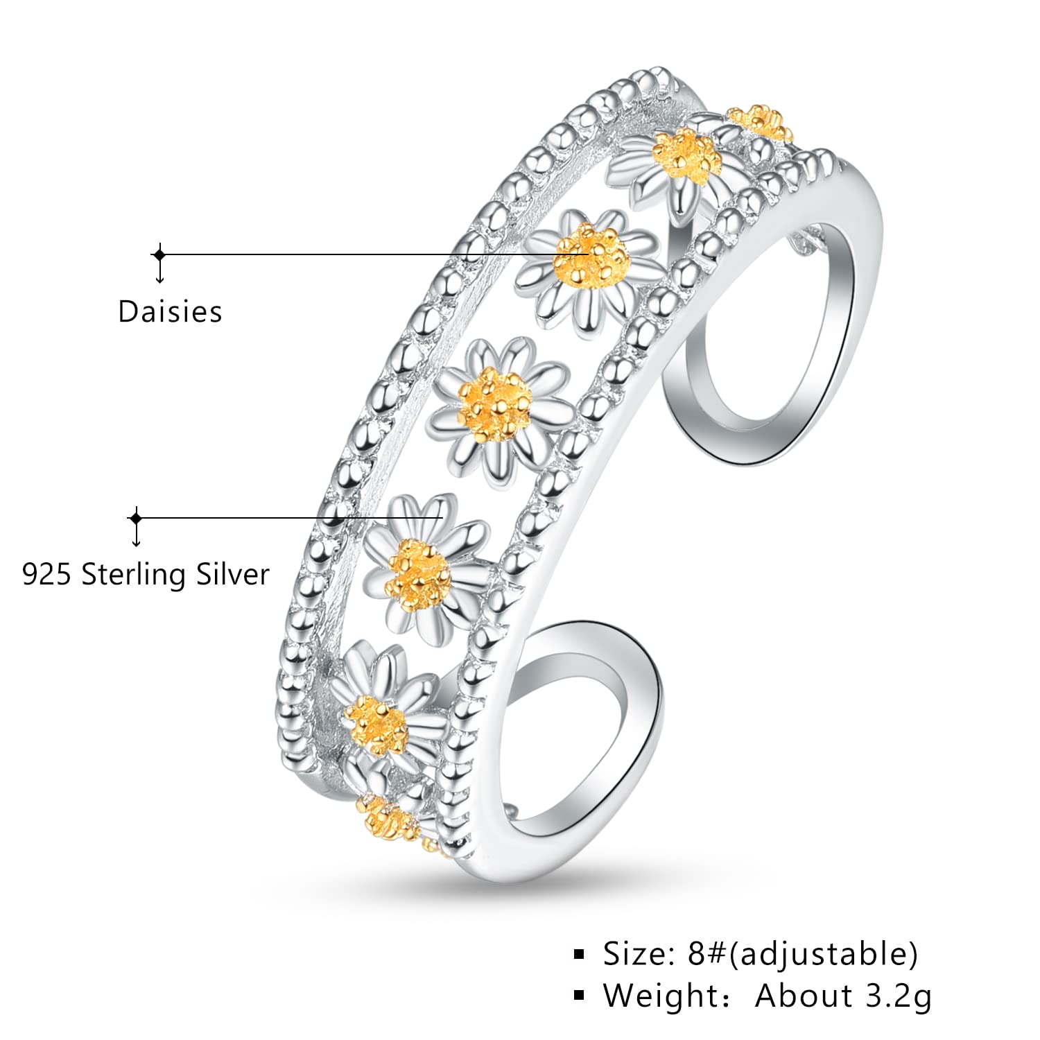 KINGWHYTE Daisy Rings for Women 925 Sterling Silver Adjustable Flower Open Ring Birthday Christmas Jewellery Gifts for Girls
