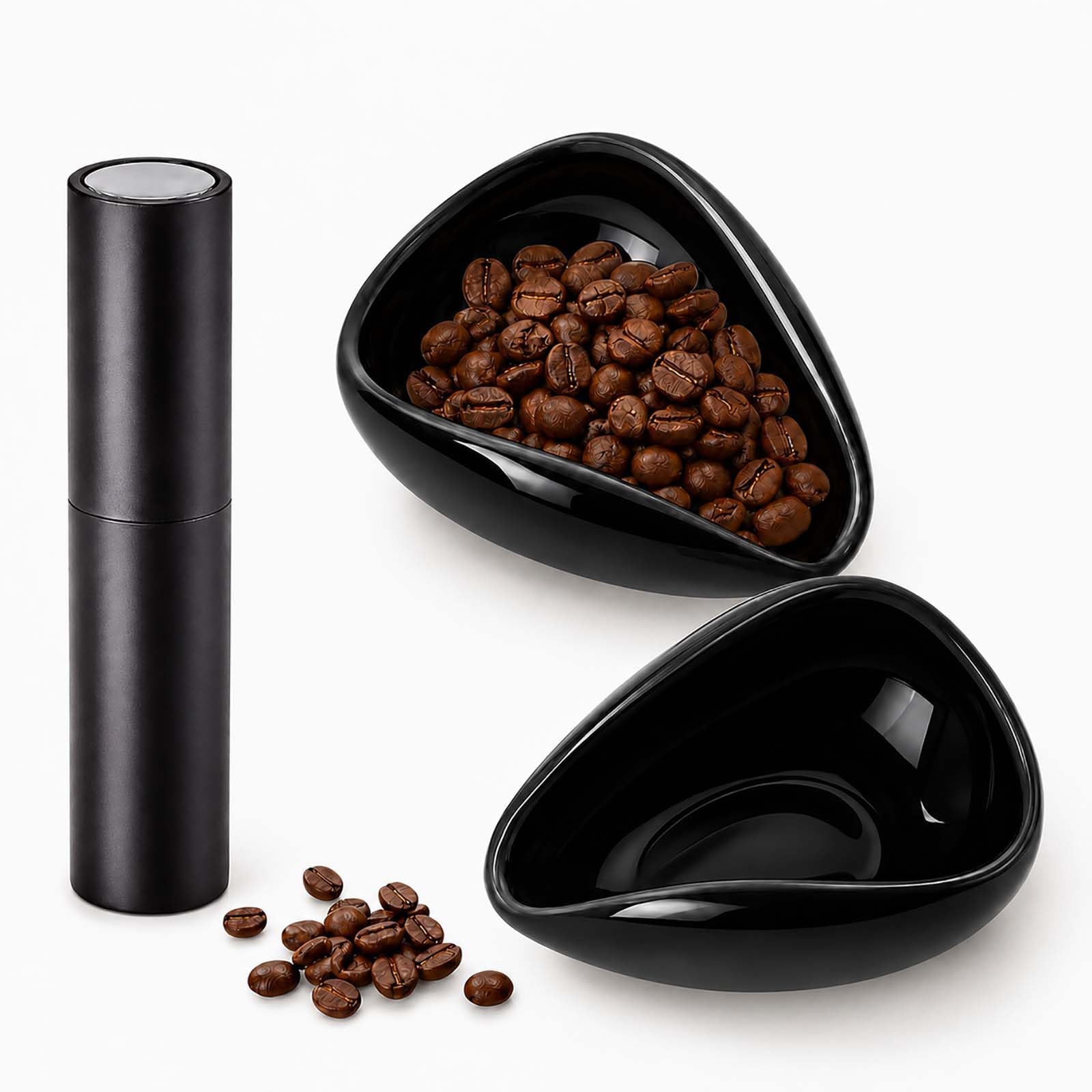 LMSAWK Set of 2 Ceramic Coffee Dosing Cups with Spray Bottle, Anti-Static Coffee Accessories for Precise Dosing, Less Coffee Grounds Scatter, Black