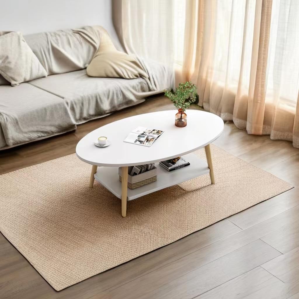 mesa de Centro Oval Moderna, Doble Capa de Madera con Estante, Grosor de la Tabla 15 mm, Blanco, Patas de Pino para Salón y Apartamento (100x40x40)