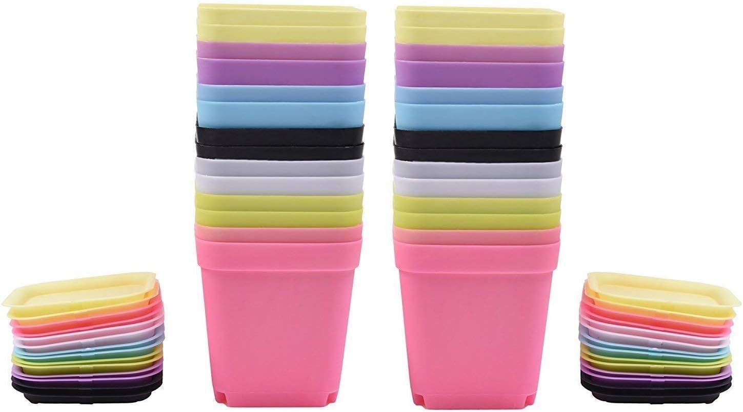 JUMUU 28-Pack Colorful Flower Pots 2.7-inch Square Plastic Plant Pot Succulent Planter Nursery Pots with Saucer for Home Office Garden,Garden Gifts for Men & Women (28pcs)