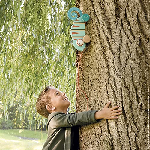 Janod - Nachzieh-Chamäleon Tropik - Entwicklungsspielzeug aus Holz - Leise Räder - Lernspielzeug Laufen und Gleichgewicht - FSC-zertifiziert - Wasserfarbe - Ab 1 Jahr, J08264, Blue