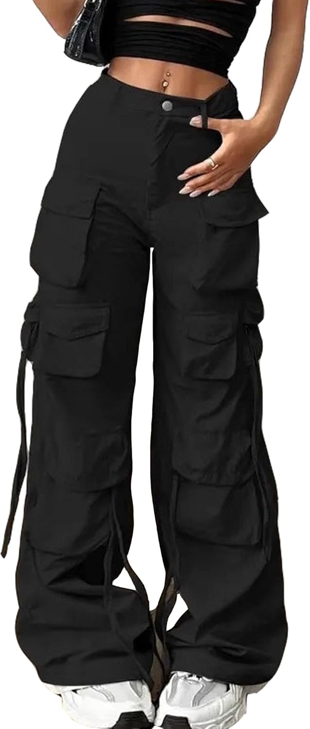 MEINVQIAOTI Casual Wide Leg Streamer Multiple Pockets Jogger Pants for Women Functional Paratrooper Cargo Pants for Women