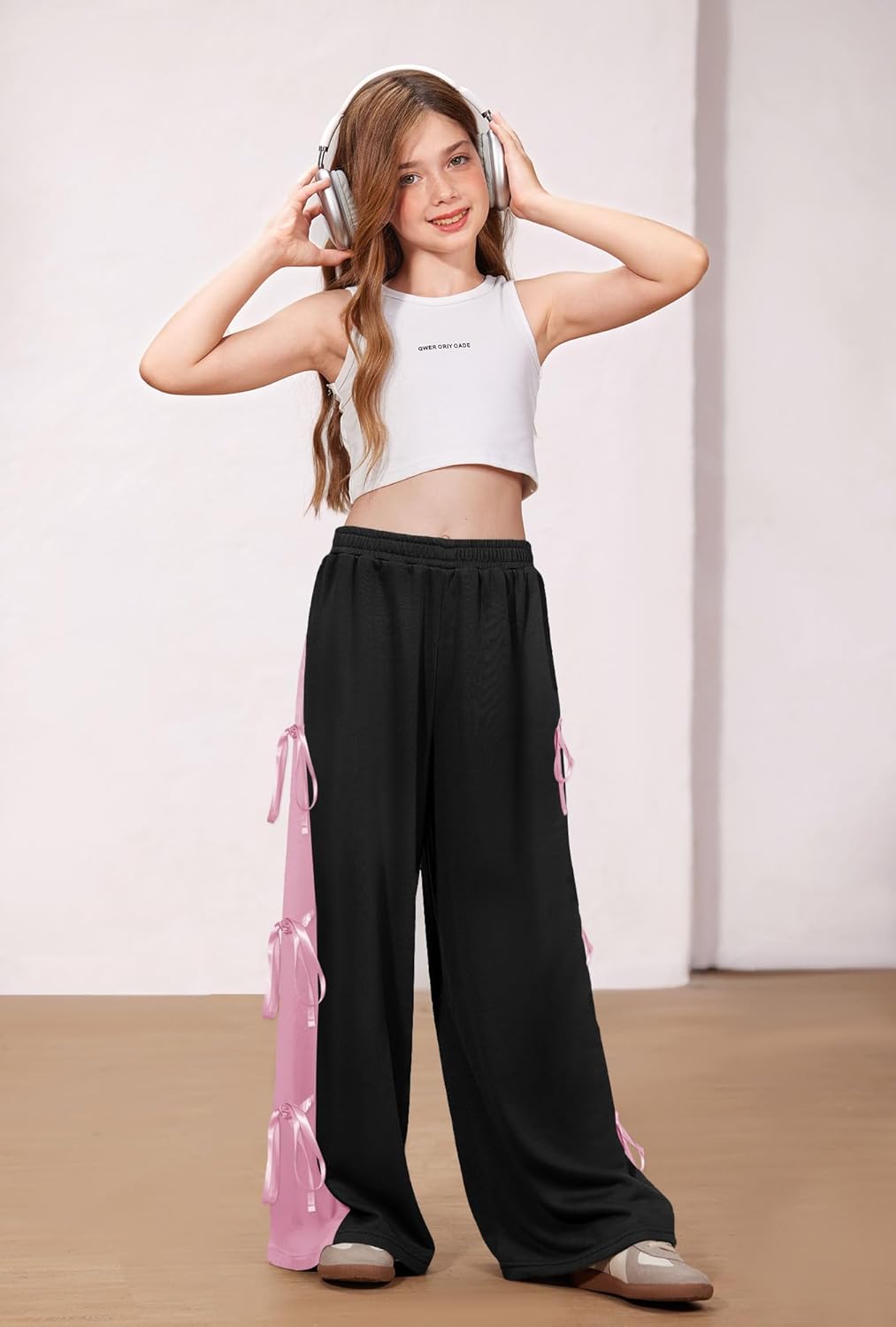 Big Girls Fall Cute Bowknot Side Side Baggy Track Pants Color Block Wide Leg Trousers Black & Pink 13-14 Years - Image 4