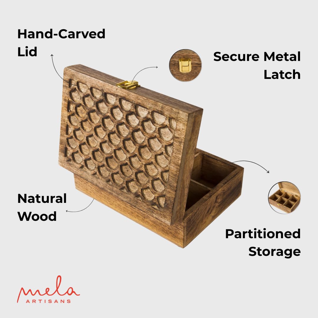 Mela Artisans Caja de recuerdos de madera con tapa con bisagras y pestillo, caja de almacenamiento decorativa grande con 6 particiones para fotos, joyas, manualidades, regalos hechos a mano, caja