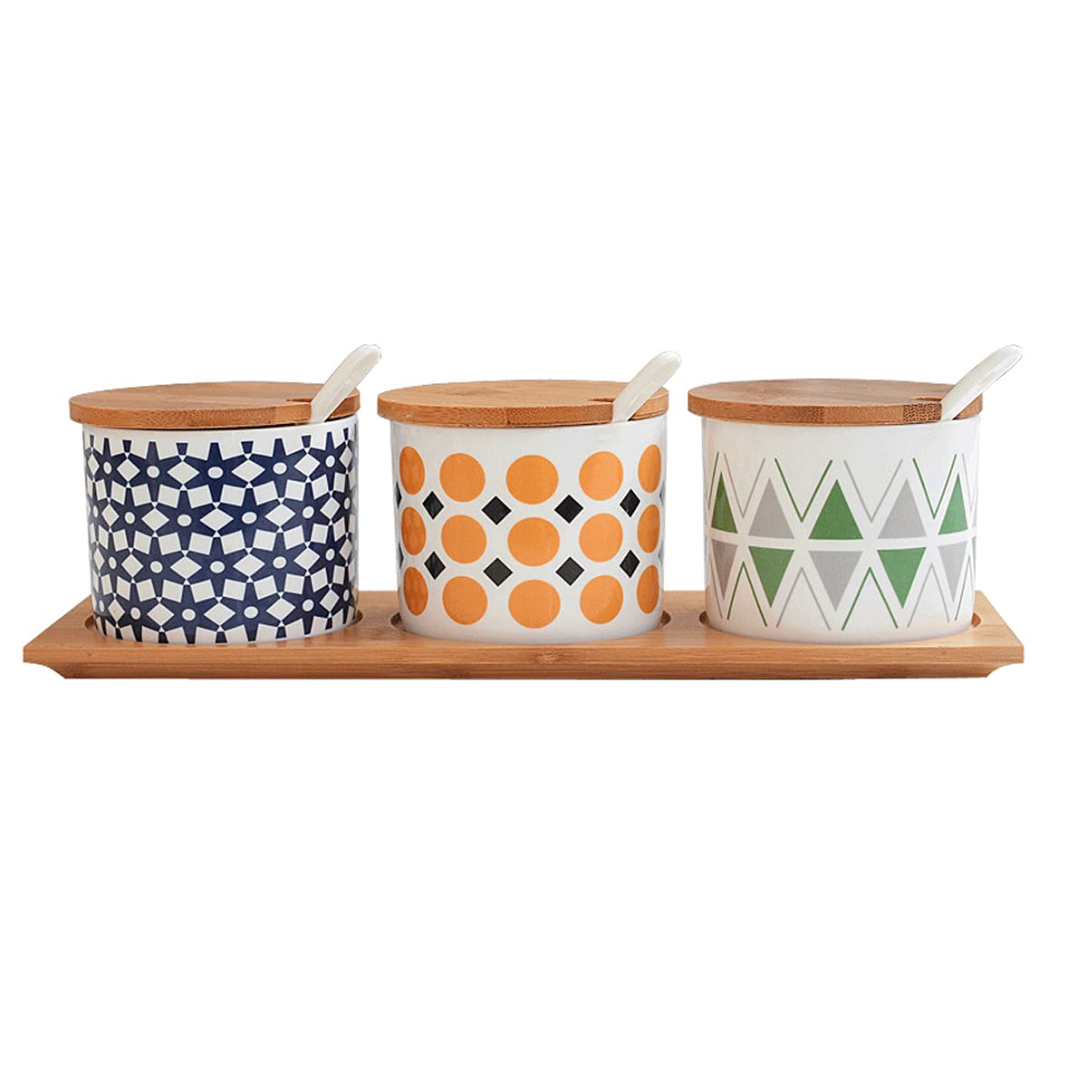 Beegie Pots à épices, coffret d'assaisonnement, boîte d'assaisonnement, pot à condiments, pots à sel avec couvercles de cuillère, plateau à motif peint à la main, lot de 3