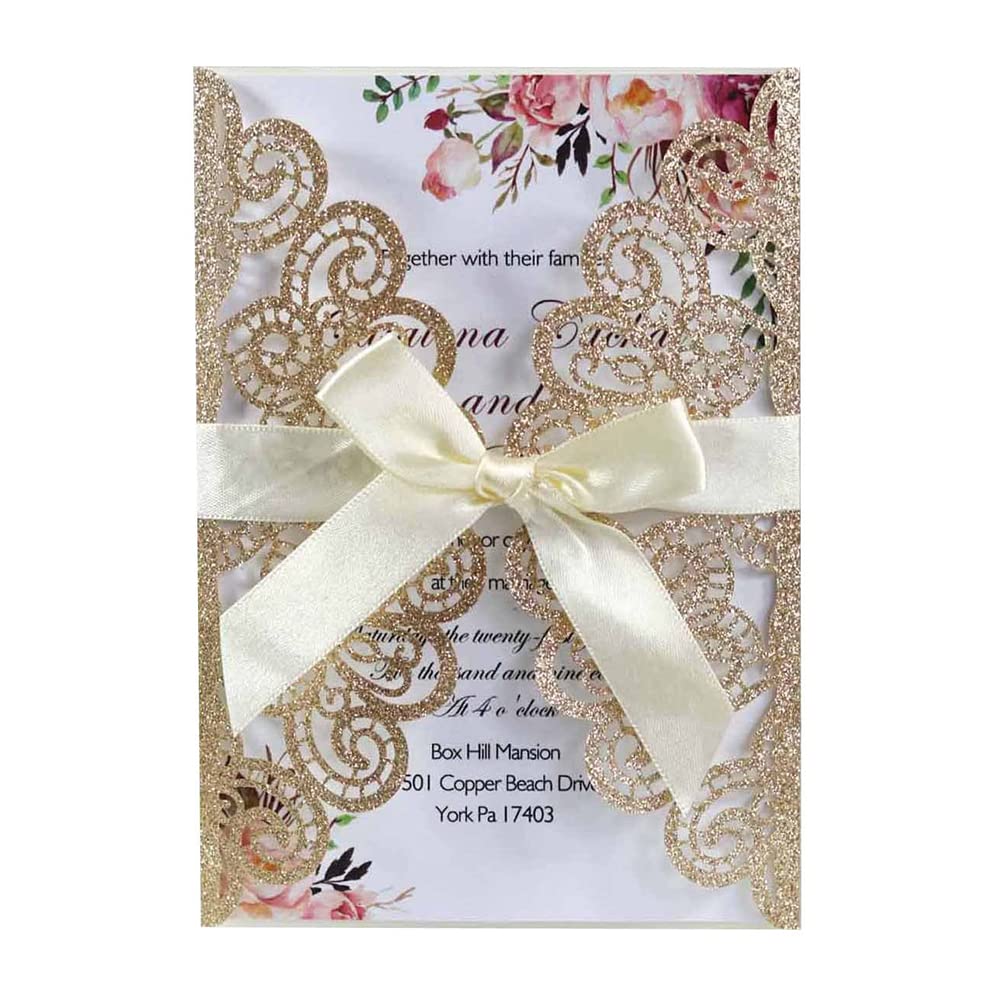 Set di 25 biglietti di invito per matrimonio, taglio laser, motivo floreale di pavone, in pizzo, biglietti di invito, eleganti biglietti di auguri, buste e fiocco, per matrimonio, anniversario di