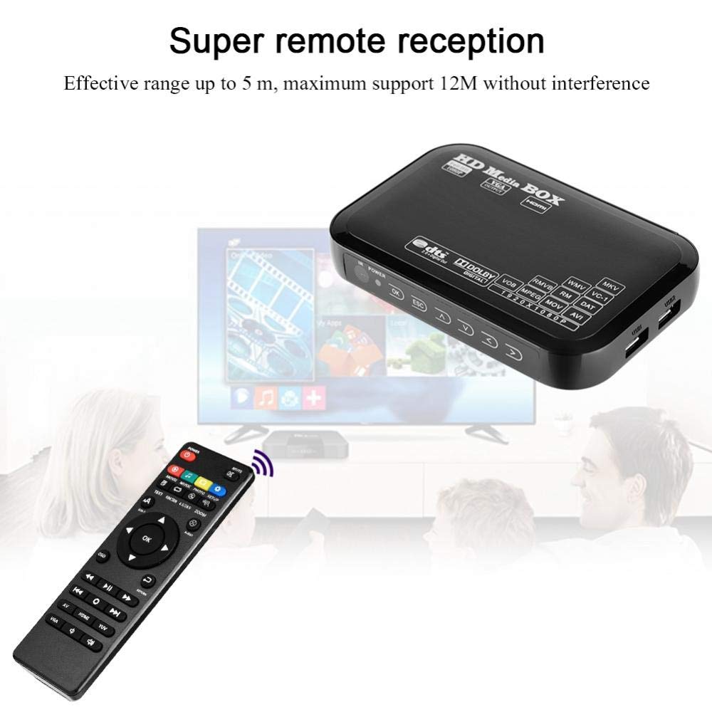 Mini Media Box Lettore Video Full HD 1080P, Supporto USB, HDMI, RMVB, MP3, AVI, MKV, Compatibile con Tutti i Formati HD, per Film e Serie TV (110-240V)