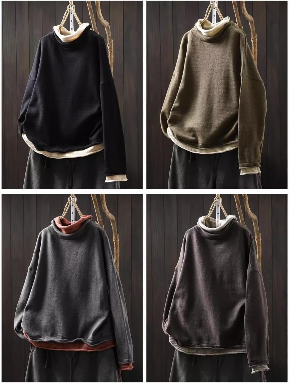 [Ellniges] ビッグサイズニット 積み重ねネック＆クツーウェイ拼接デザイン ルーズフィット オーバーサイズ カジュアルセータ