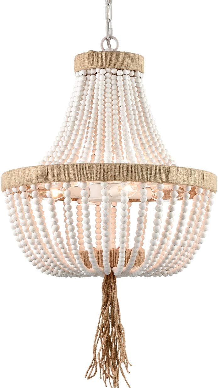 Farmhouse White Wood Beaded Chandeliers Large Dining Room Pendant Chandelier Wooden Bead Chandelier