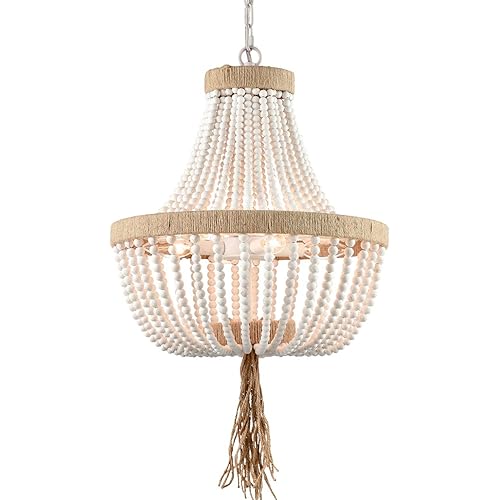 Farmhouse White Wood Beaded Chandeliers Large Dining Room Pendant Chandelier Wooden Bead Chandelier