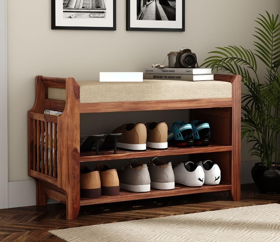 Wooden Shoe Rack with Seat | 3 Tier Shoe Rack | Shoe Organiser for Home | Entryway Bench, for Entryway Bathroom Bedroom, for Room | Natural (Natural)-image-3