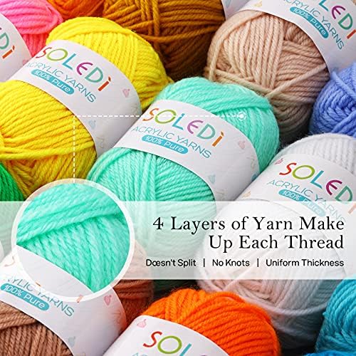 SOLEDI Wool for Knitting 50g Balls 20 Colors Yarn for Crochet 2000M Double Knitting Wool with Bag and 2 Crochet Hooks 8 Stitch Markers 2 Needles