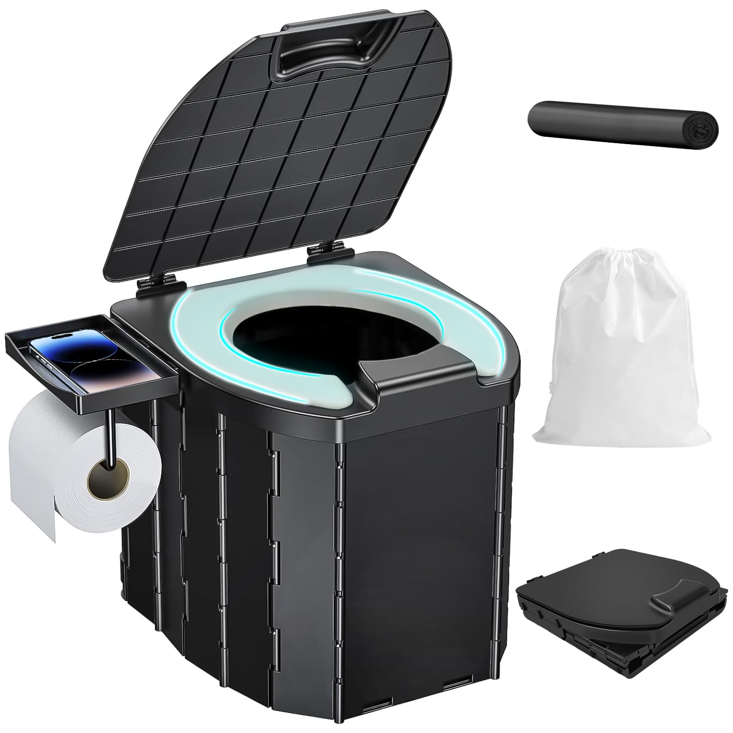 Portable Toilet for Adults,Camping To ilet with Lid,Folding To ilet With Removable Paper Holder,Travel Potty for Hiking, RoadTrip, Car, Tent, Truck Drivers