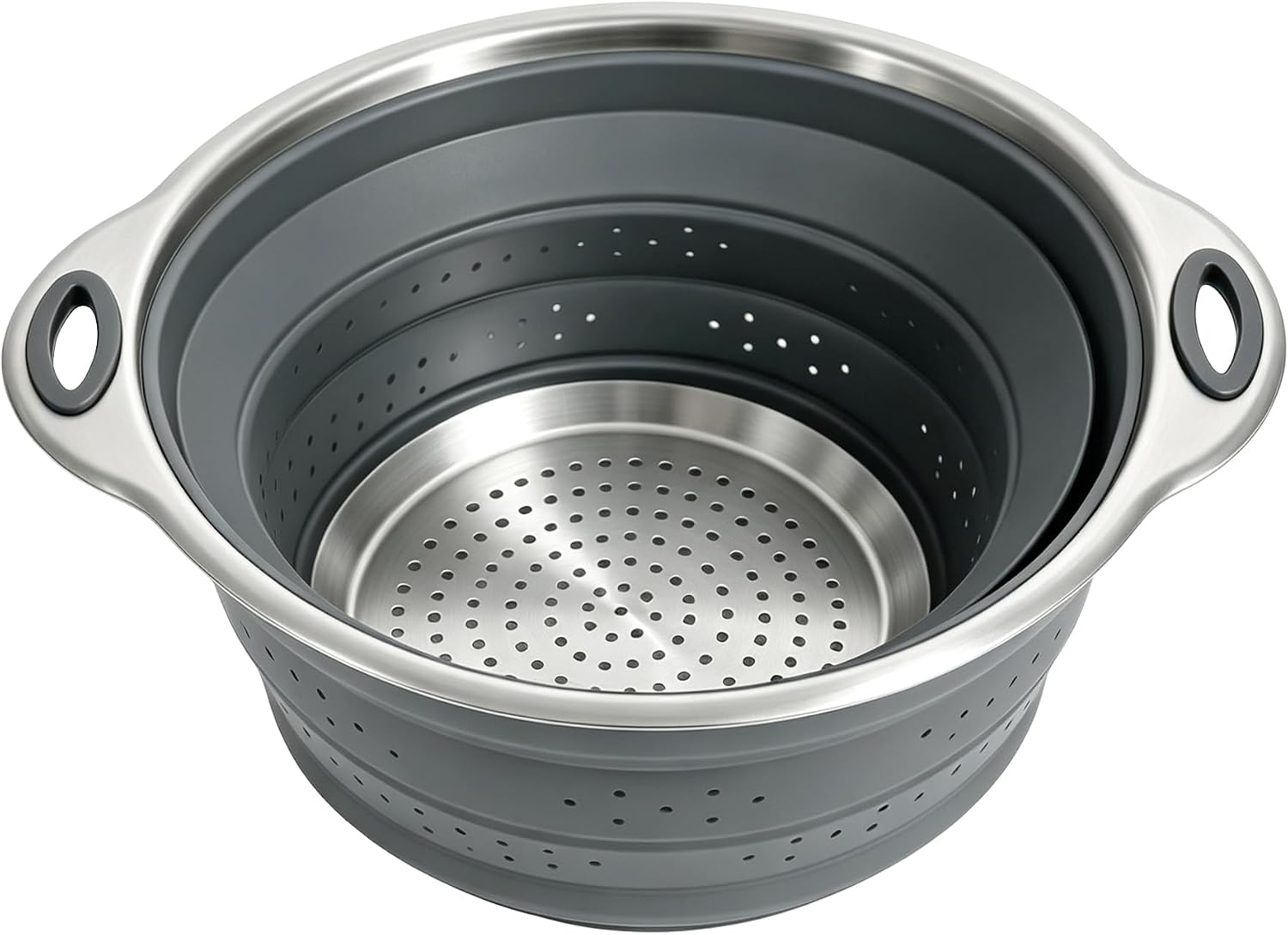 Mejoncb Collapsible Colander – Platinum Silicone Strainer with Stainless Steel Base, BPA-Free & Heat Resistant Kitchen Drain Basket (Gery)