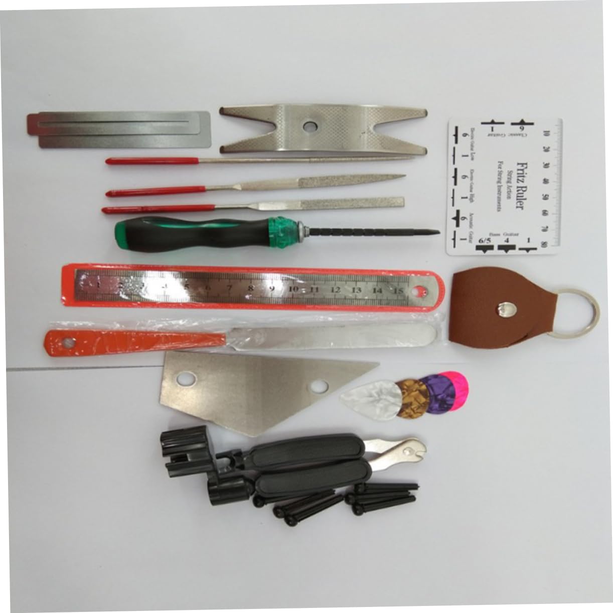Kit Outils de Réparation de Guitare 24 Pièces, Outils D'entretien | Coupe-cordes, Lime à Frettes et Règle D’action, Acier Inoxydable et Métal, pour Ukulélé et Basse