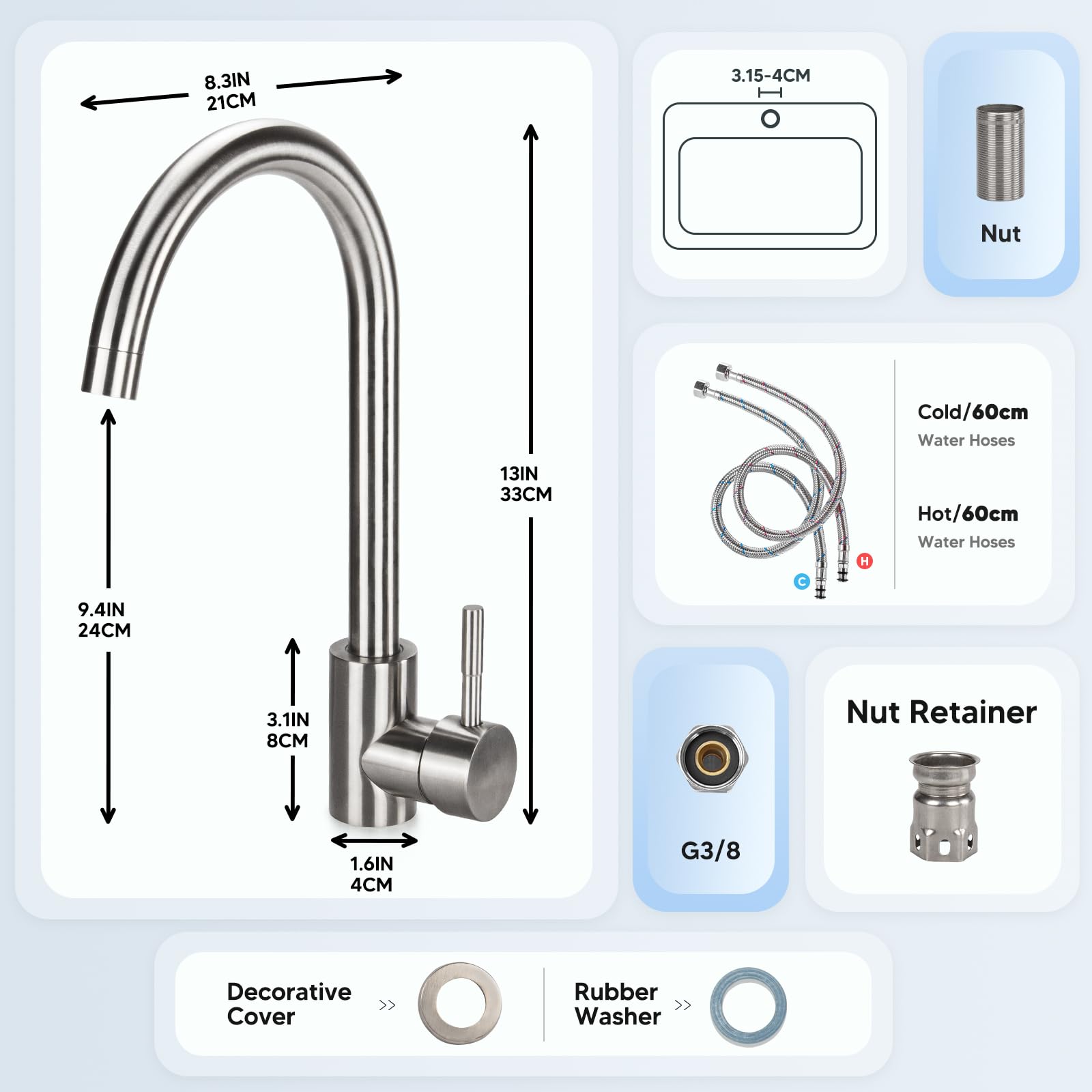 Grifos para fregadero Grifo de cocina de una sola palanca, Grifo de Cocina para Acero Inoxidable, giratorio 360, para Agua Caliente y Fría, En forma de C (Plata)