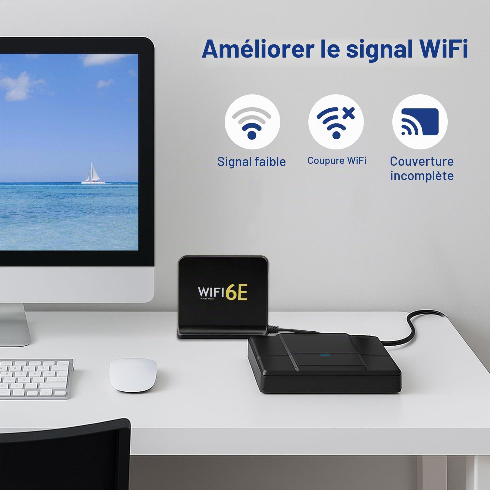 Antenne WiFi 6E MIMO Tri-Bande 2.4 GHz 5 GHz 6 GHz avec Base Magnétique Antenne WiFi 8 dBi Câble RP-SMA 2M pour Cartes Mères PCIe/PCI, PC de Bureaux Caméras de Sécurité Points d'Accès Sans Fil