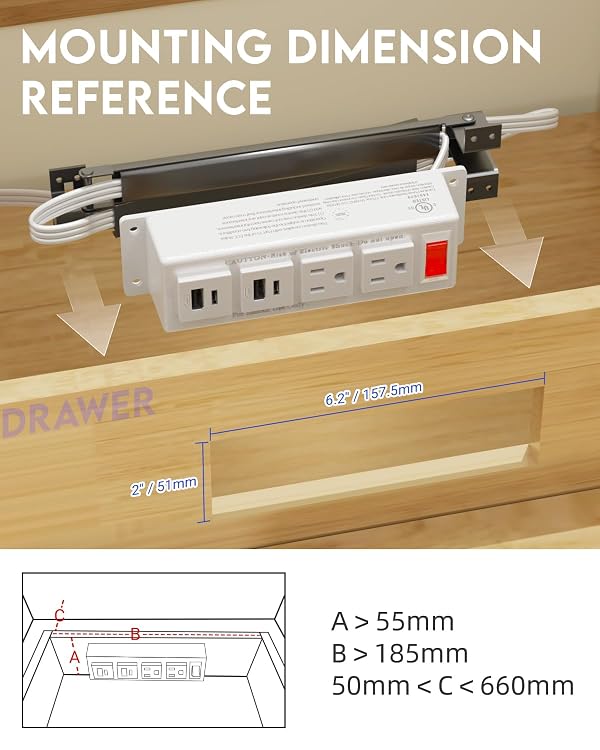 JACEPFY Drawer Outlet with USB-C 20W PD Fast Charging, Flush-Mount Cabinet Power Station, Heavy-Duty Cable, Adjustable Metal Cord Arm (White) by JACEPFY - Image 6