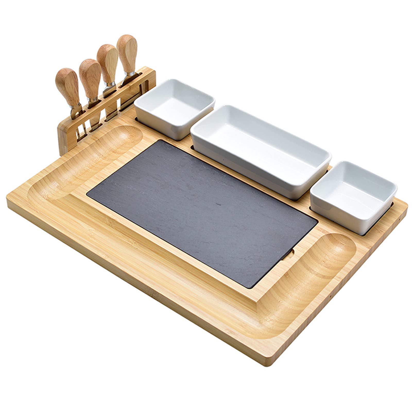 AIZYR Plateau De Fromages en Bois, Plateau De Charcuterie Et Plateau De Service avec Couverts, 3 Bols en Céramique pour Noël, Mariage, Cadeaux d'anniversaire