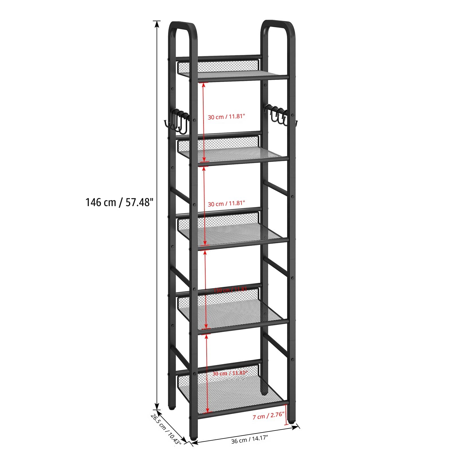 YMYNY Estantería de 5 Niveles, Librería, Biblioteca, Estante de Almacenamiento, con Gancho en S de 8 Piezas, Marco Metálico, Estilo Minimalista, para Sala de Estar, Oficina, Baño, Negro HBC055B