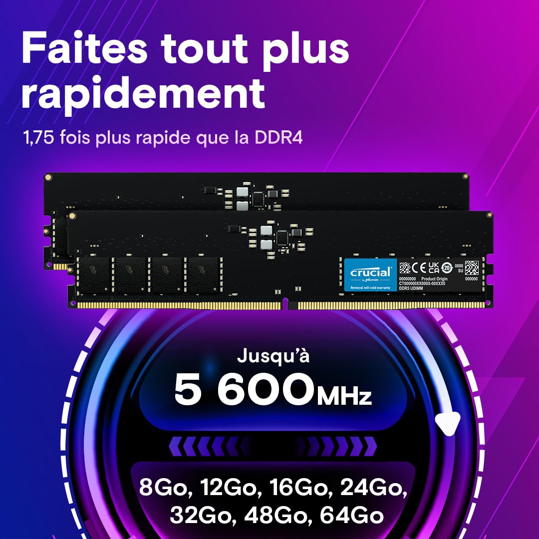 Crucial RAM DDR5 16Go 5600MHz, PC Mémoire (ou 5200MHz / 4800MHz) CL46 - CT16G56C46U5