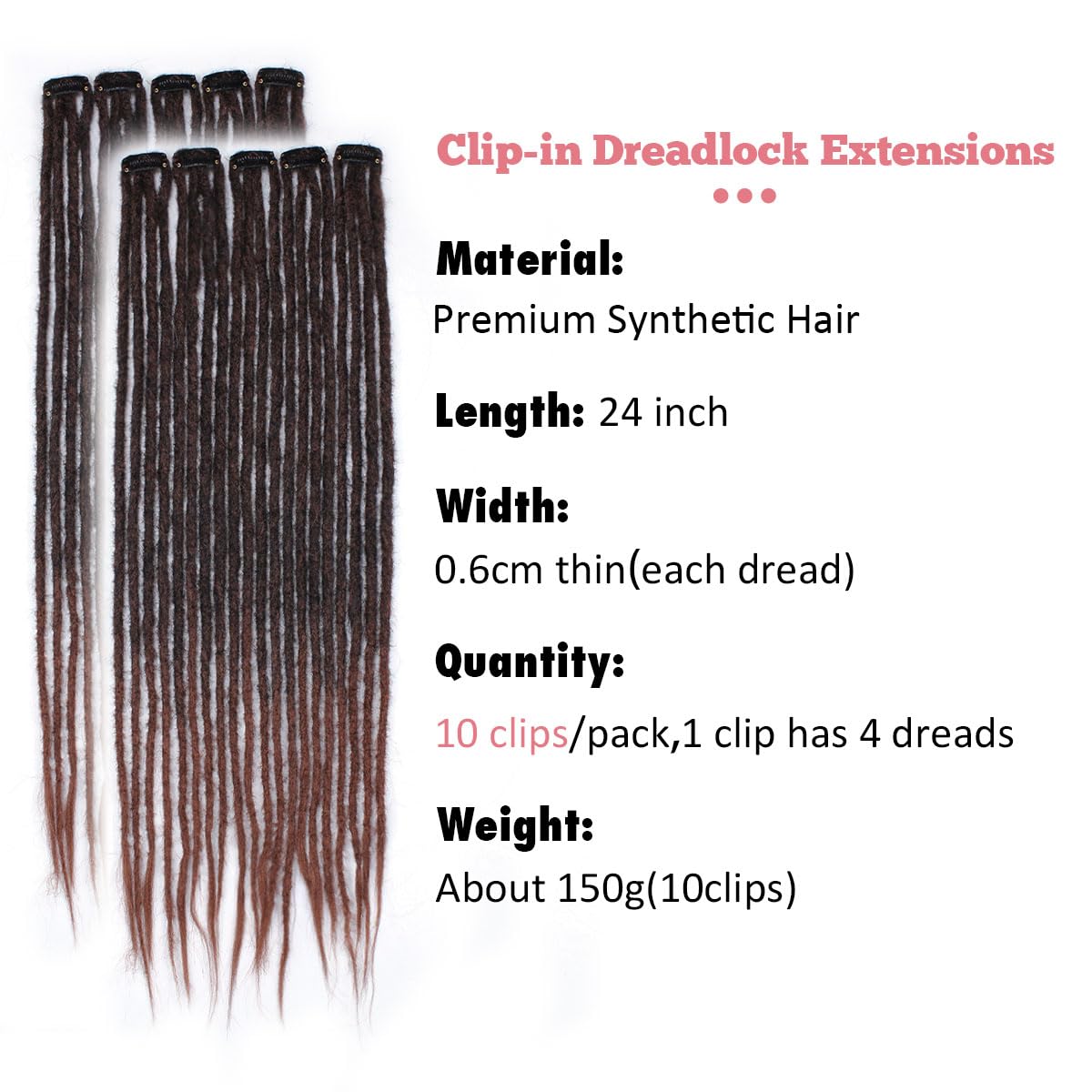 24 Inch Clip in Dreadlock Hair Extensions 10Clips 40 Strands Synthetic Handmade Soft Clip In Dreads Extensions for Women,1B/30