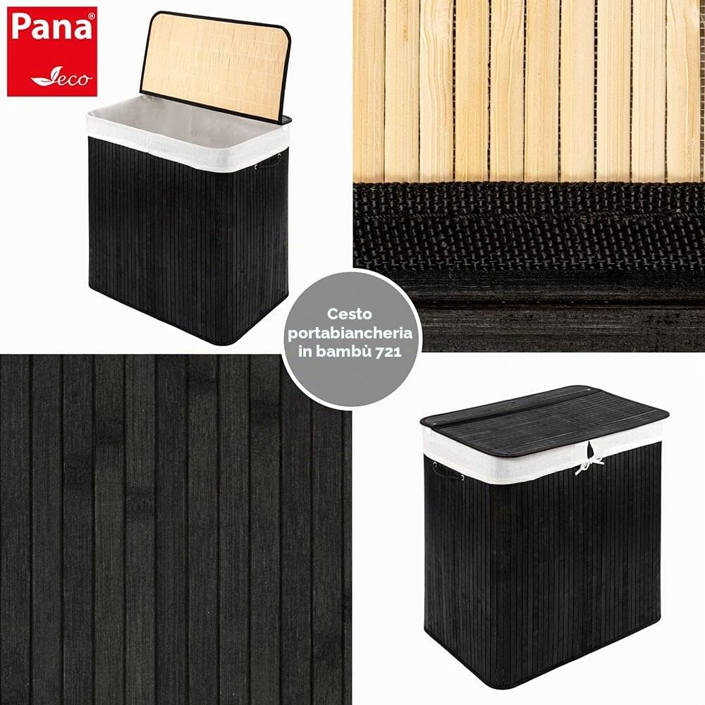 PANA®ECO Cesto biancheria in bambù con coperchio - 72 L, 40x30 x 60 cm - N | Sacco biancheria rimovibile - Cesto pieghevole - Compatto, pratico e robustoo - 100% Bambus - Ampia capacità