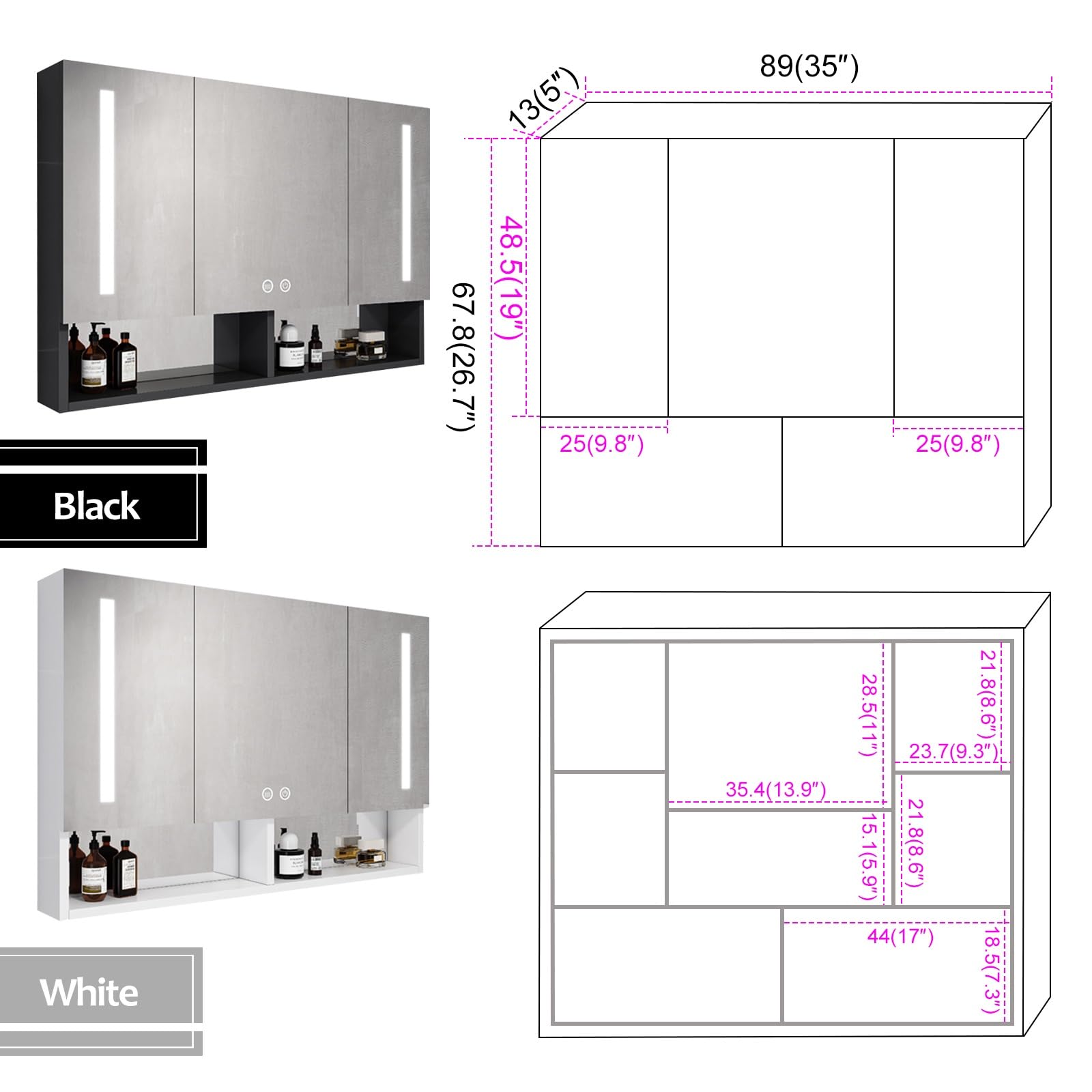 LED-Badezimmerspiegelschrank mit Beleuchtung, 90 x 68 cm, Anti-Beschlag-Schminkspiegel mit Touch-Dimmer, 3 verstellbare Ablagen, modernes weißes Design für stilvolle Badezimmer