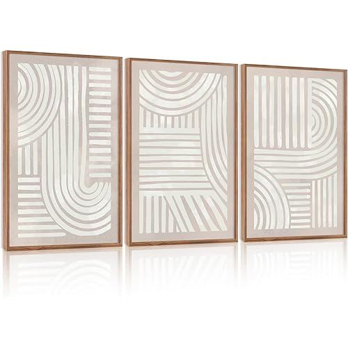 Large Abstract Neutral Geometric Framed Canvas Wall Art,Boho Minimalist Shapes Wall Decor,Modern Lines Artwork,Mid Century Arch Art Print for Living Room,Bedroom,Office- 24"x36"x3