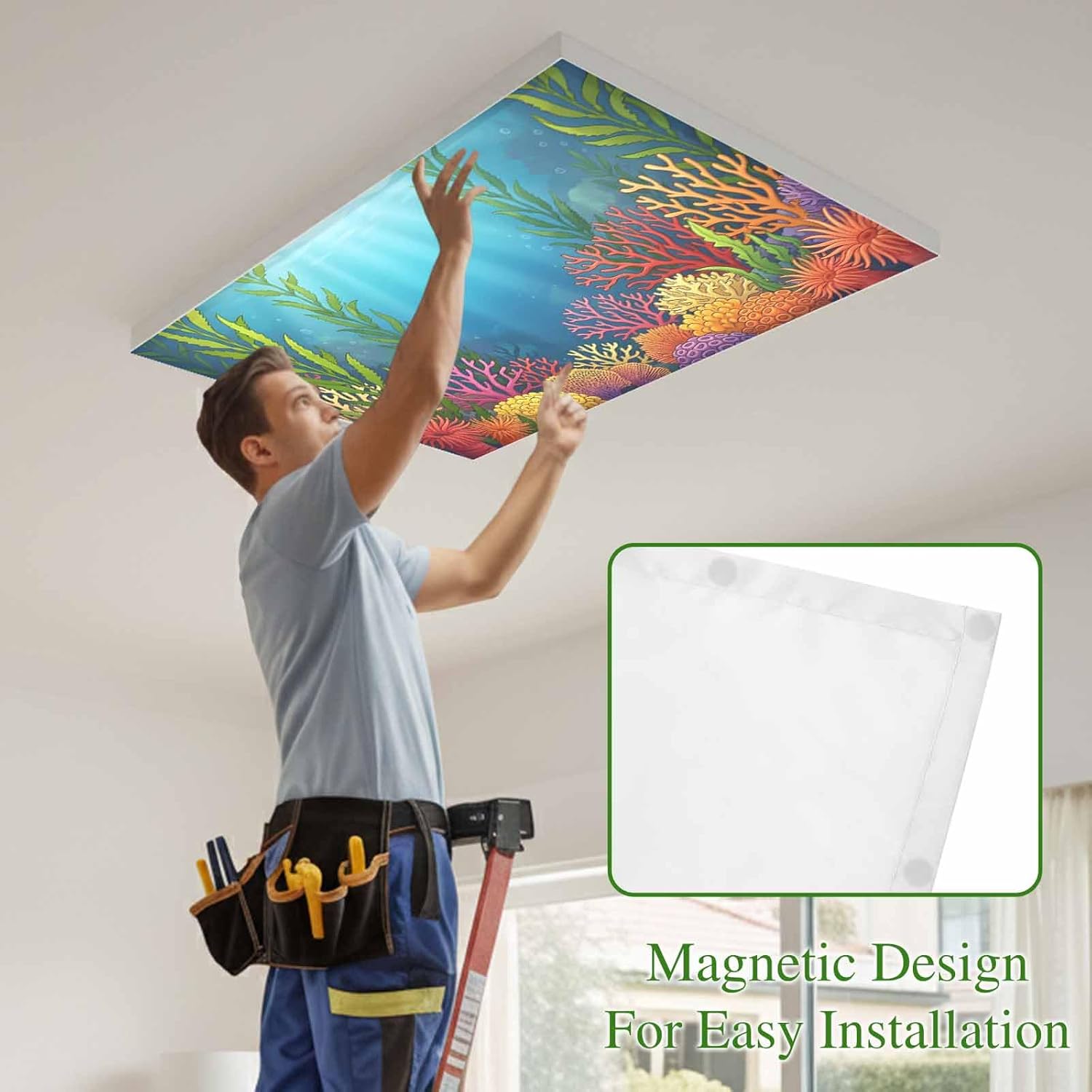 Underwater World 4 Pack Fluorescent Light Cover for Ceiling 4 x 2 Ft Colorful Coral Seaweed Sunbeams Light Classroom Light Covers with 10 Magnets for School Home Office Decor