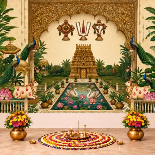 Image of Party Propz Backdrop for Ganapati Decoration Items for Home- 2 Pcs, Tirumala Theme Background Banner, Backdrop Cloth for Decoration Pooja, Varalakshmi Decorations, Janmashtami Decorations.