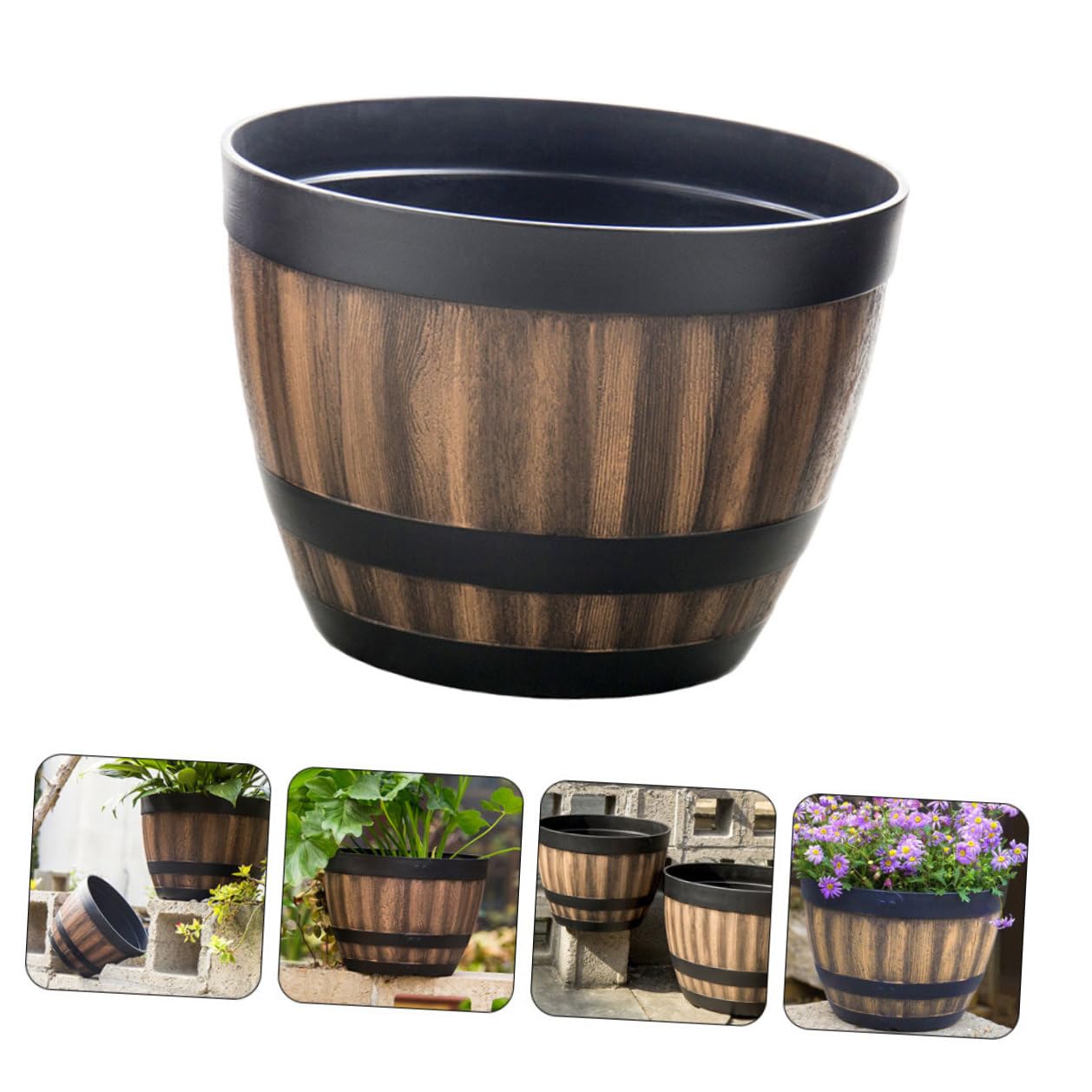 Toyvian Blumentopf Holzoptik Pflanzgefäß Kunststoff Retro Pflanzkübel Whiskyfass Design für Balkon Garten Büro ohne Abflussloch Bpa Frei