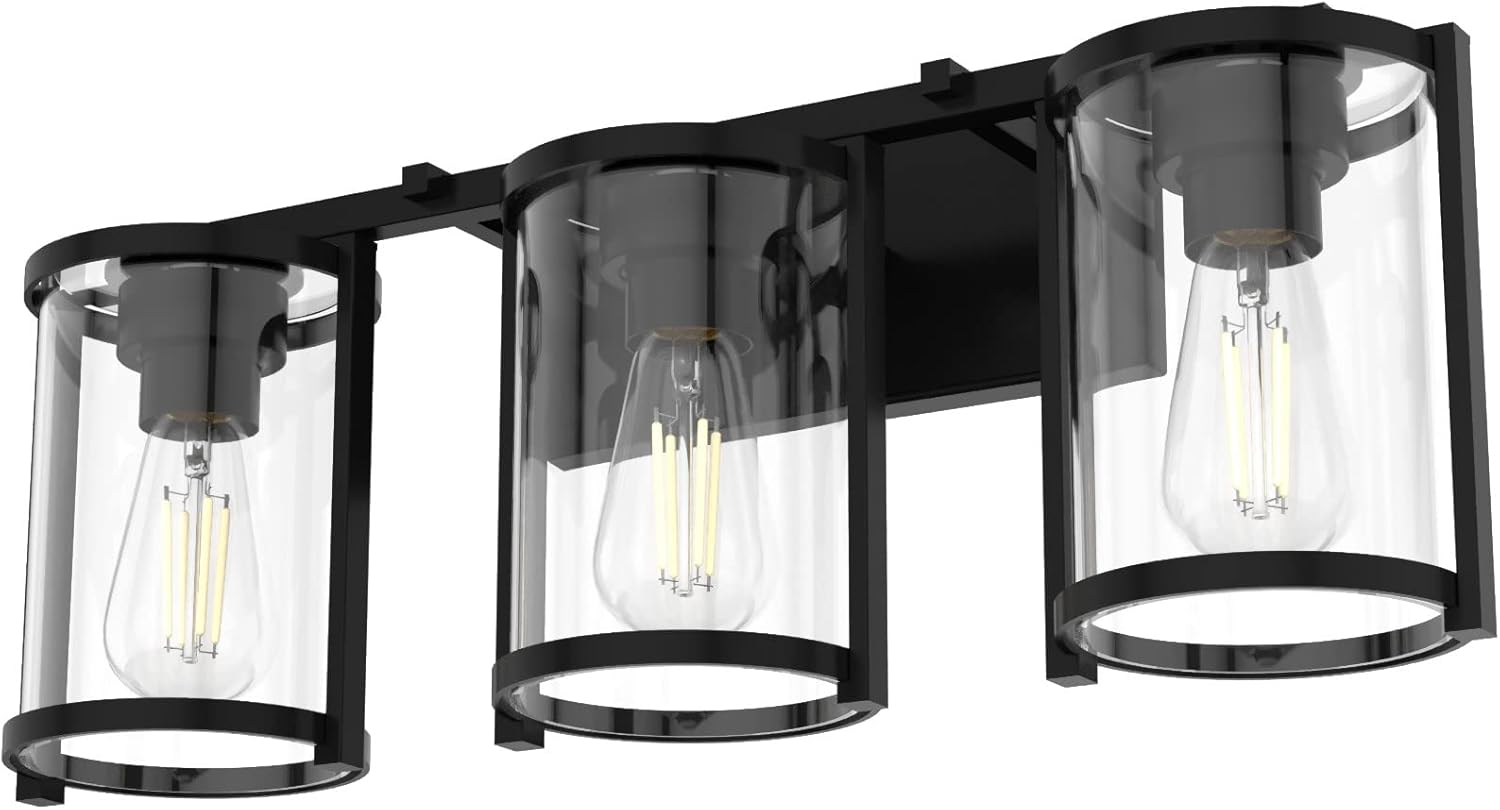 Hunter - Astwood 3-light Matte Black, Medium Size Vanity Light, Dimmable, Caged Style, Cylinder Shaped, for Bedrooms, Kitchens, Foyers, Bathrooms - 48004