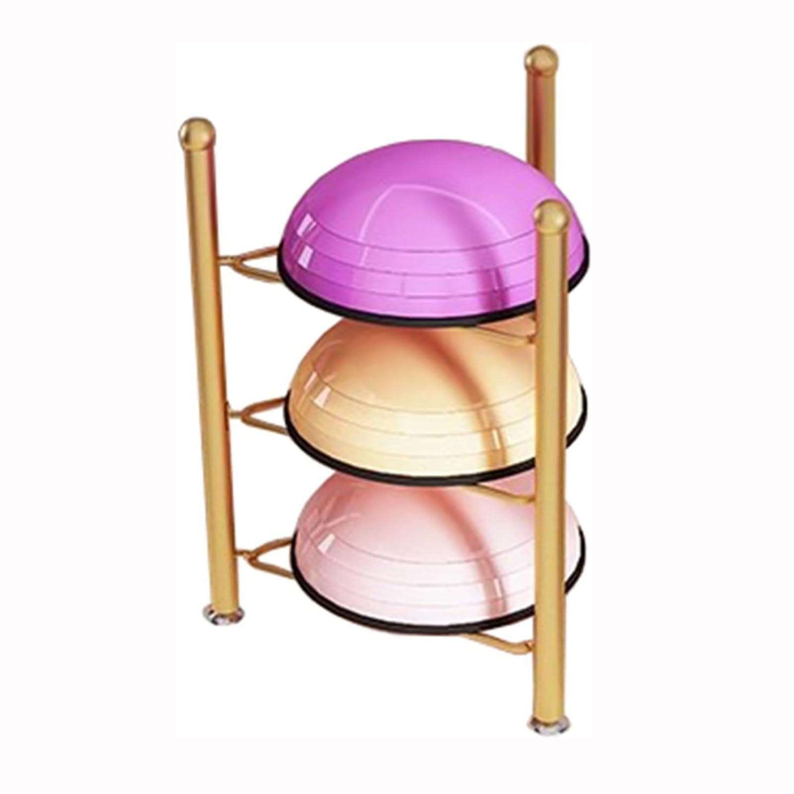 Scaffale a 3 ripiani per palla di equilibrio, resistente, per yoga, bosu, basket, bowling, elegante finitura dorata per attrezzature da allenamento