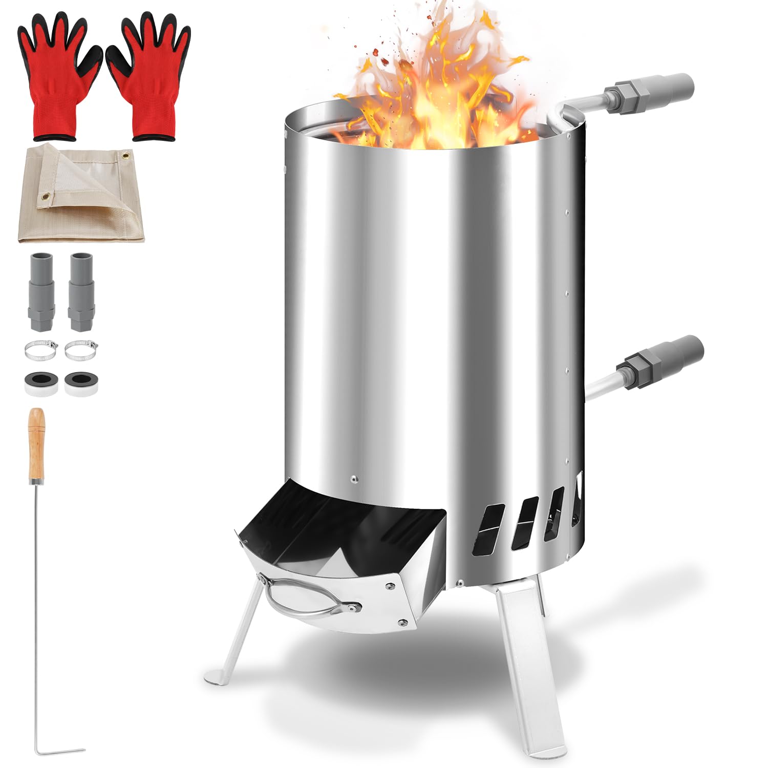 Calefacción para piscina de leña, calefacción de piscina con fuego, calentador de piscina, barril de fuego de acero inoxidable, cubo de fuego climatizado, 32/38 mm, conectores 100% de acero