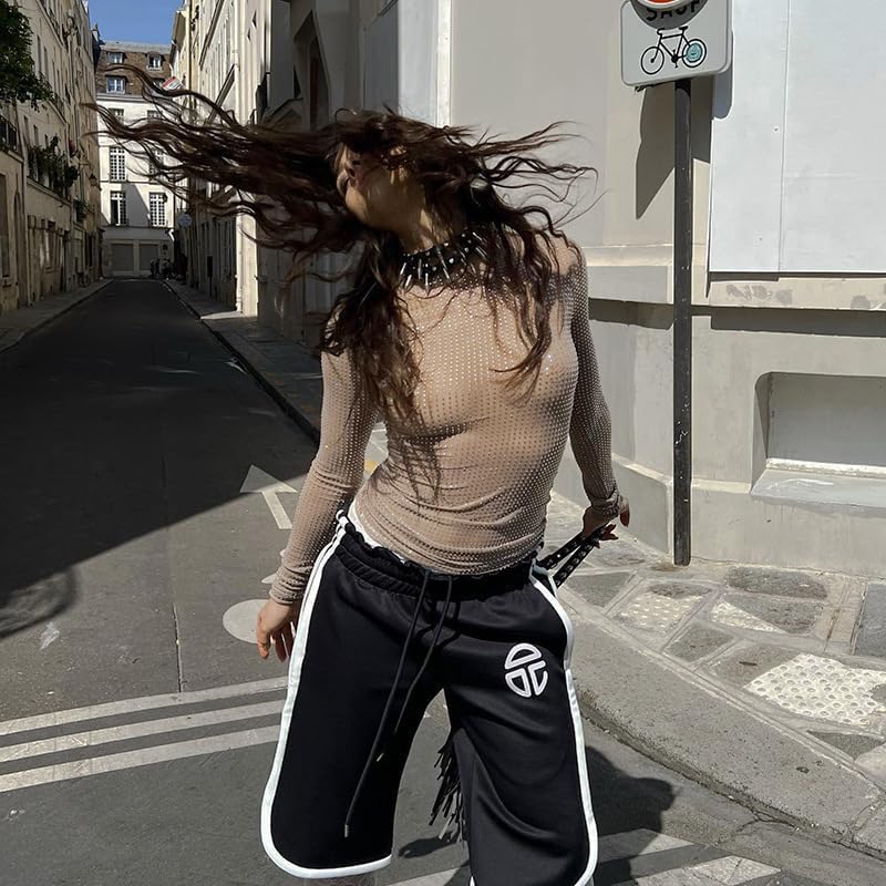 Y2K Long Sleeve Shirts for Women Grunge Rhinestone Sheer Mesh Aesthetic Fitted Tops - Image 4