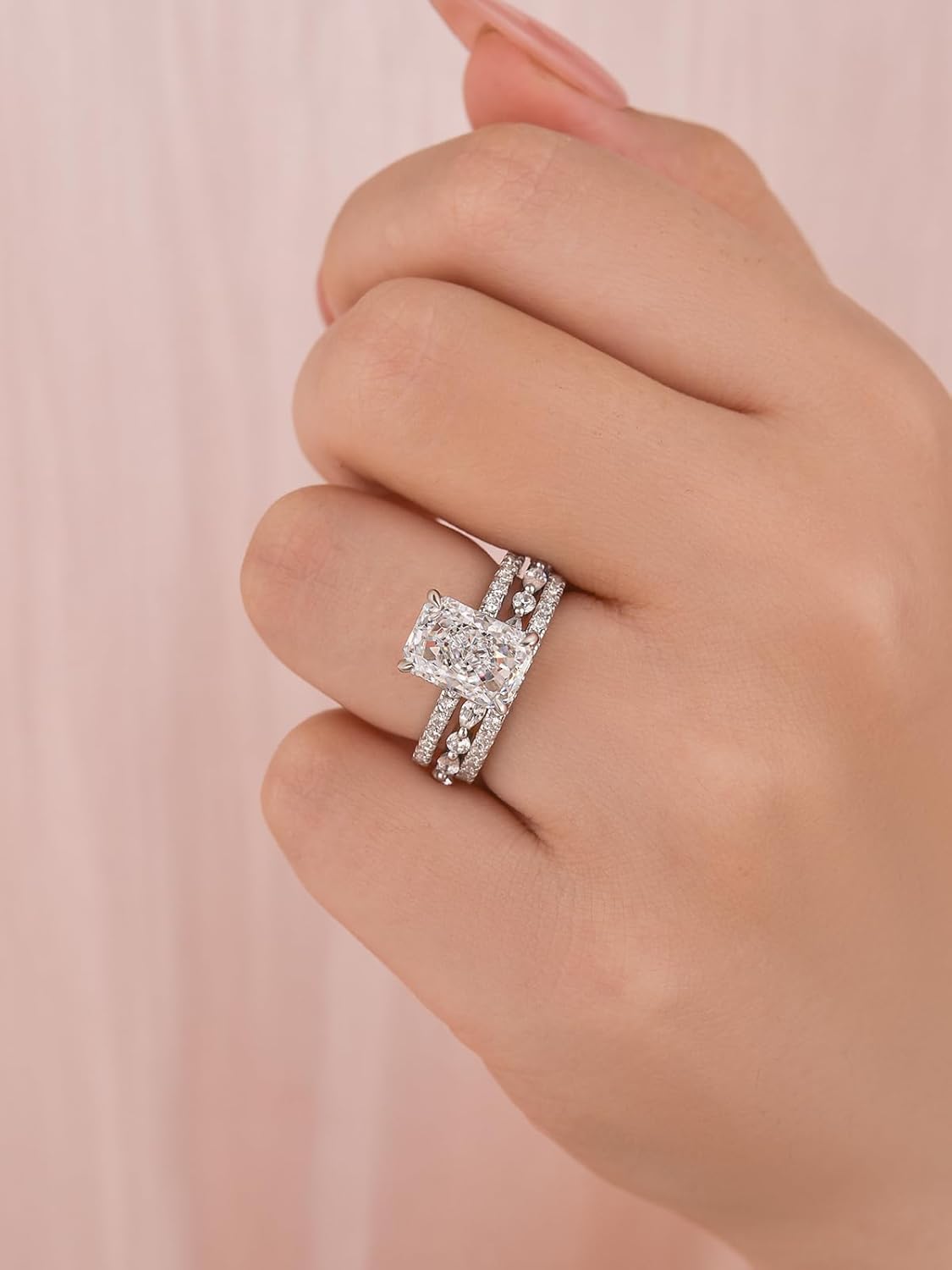 3.5CT Radiant Cut Bridal Wedding Ring Set, 3 Pieces 925 Sterling Silver AAAAA Grade Cubic Zirconia Engagement Ring Sets for Women - Image 4