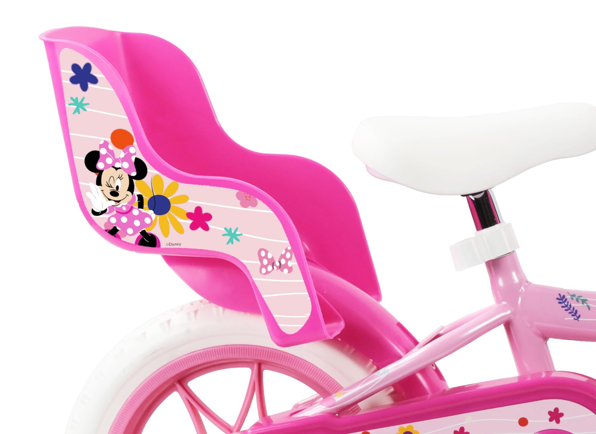 Disney Bicicletta da bambino 12' Minnie dotata di 1 freno, cestino anteriore, porta bambola posteriore, parafanghi, carter e stabilizzatori rimovibili senza attrezzi.