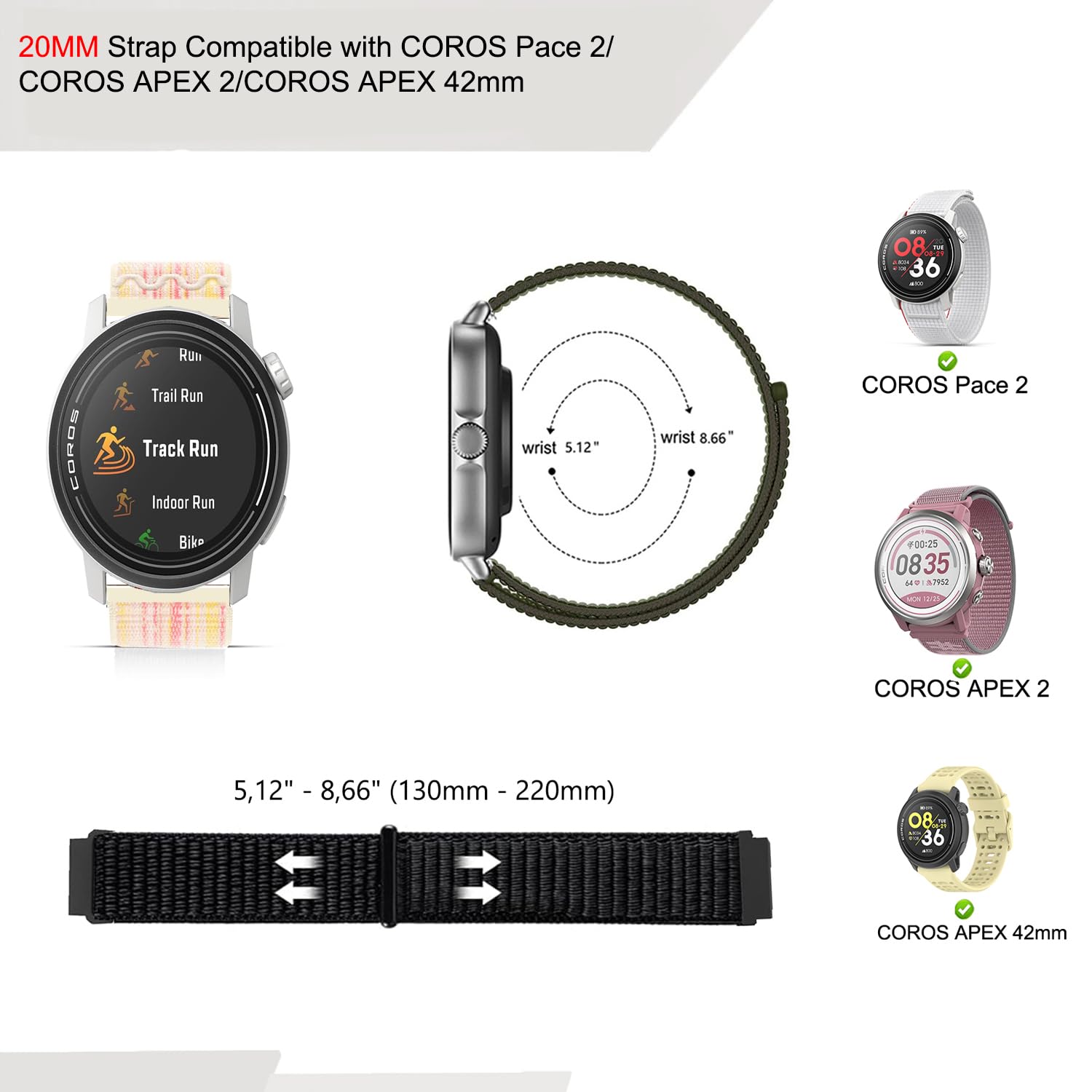 20mm 22mm Correa elástica nailon compatible con Coros Pace 4/3/2/Pace Pro/Apex 4 42mm/2 Pro/Pro/Apex 42mm 46mm, correa de liberación rápida para mujeres y hombres — view 3