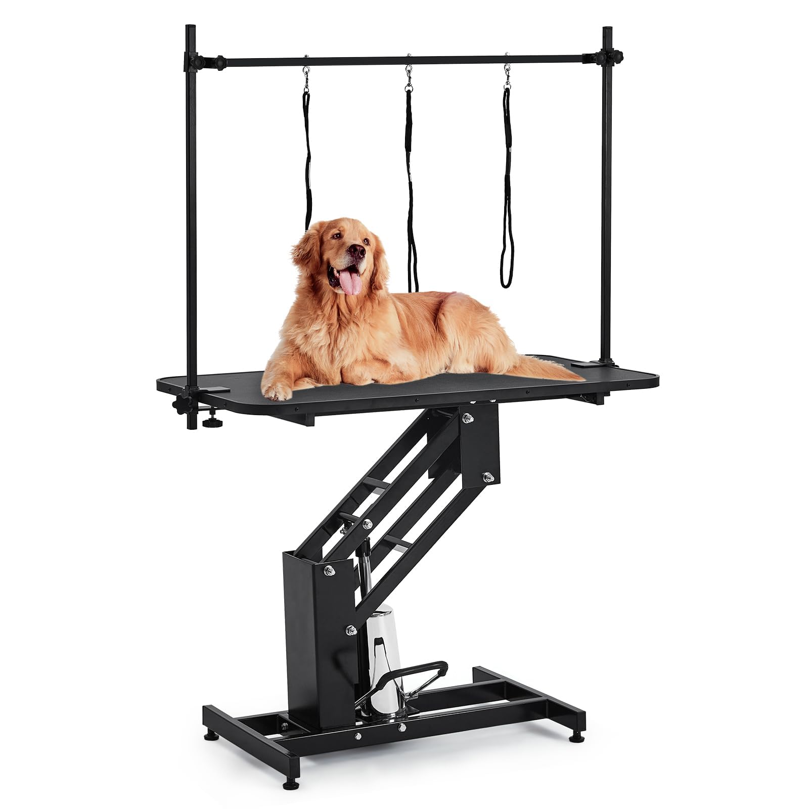 Garvee Hydraulischer Hundefrisiertisch 110x60 cm, Professioneller Hund Trimmtisch, Hundepflegetisch höhenverstellbar (56-98 cm) mit Überkopfarm & Schlinge, Rutschfest, für Fellpflege & Baden