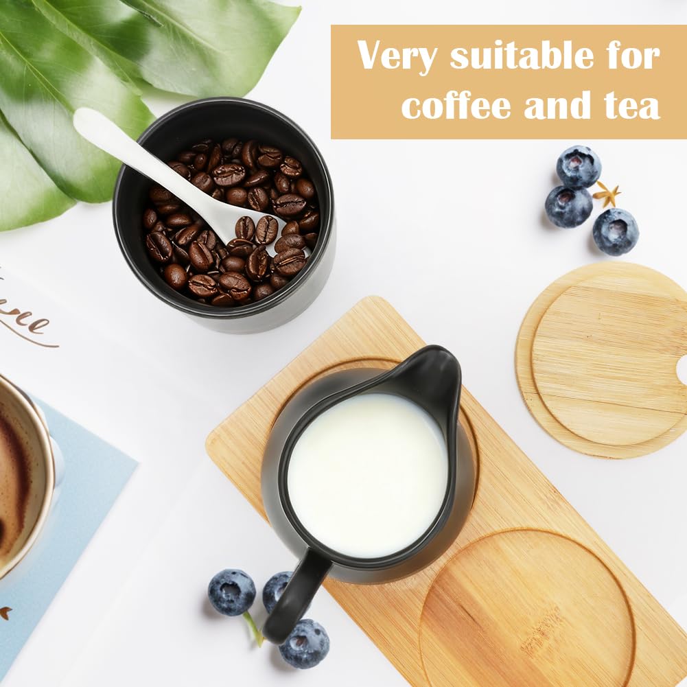 Set latte e zucchero con coperchio e cucchiaio, brocca per latte in ceramica con vassoio in legno, brocca per latte in ceramica nera e zuccheriera con vassoio in legno, adatto al microonde e