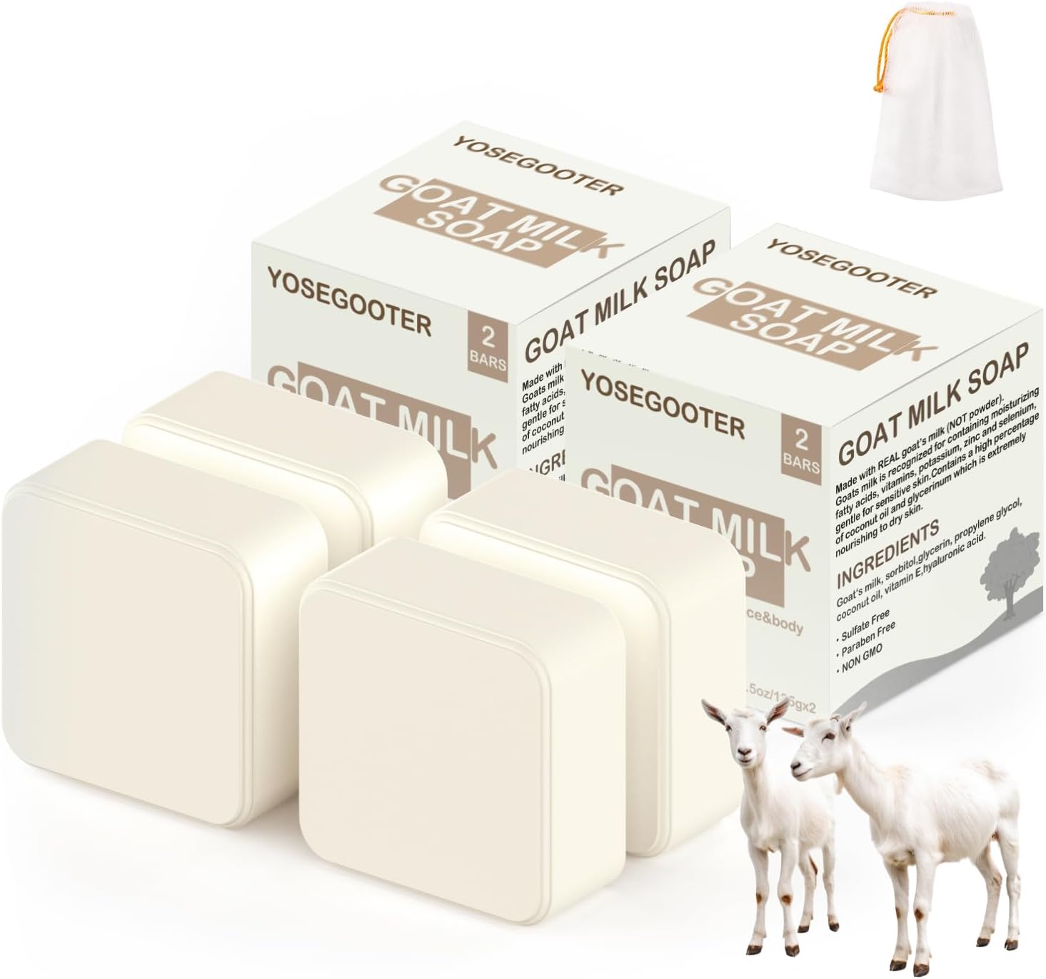 Goats Milk Bar Soap, Natural Face&Body Bath Moisturizing Soap Bar, Gentle on Sensitive Skin Formula, For All Skin Types Men&Women, 2pack*2