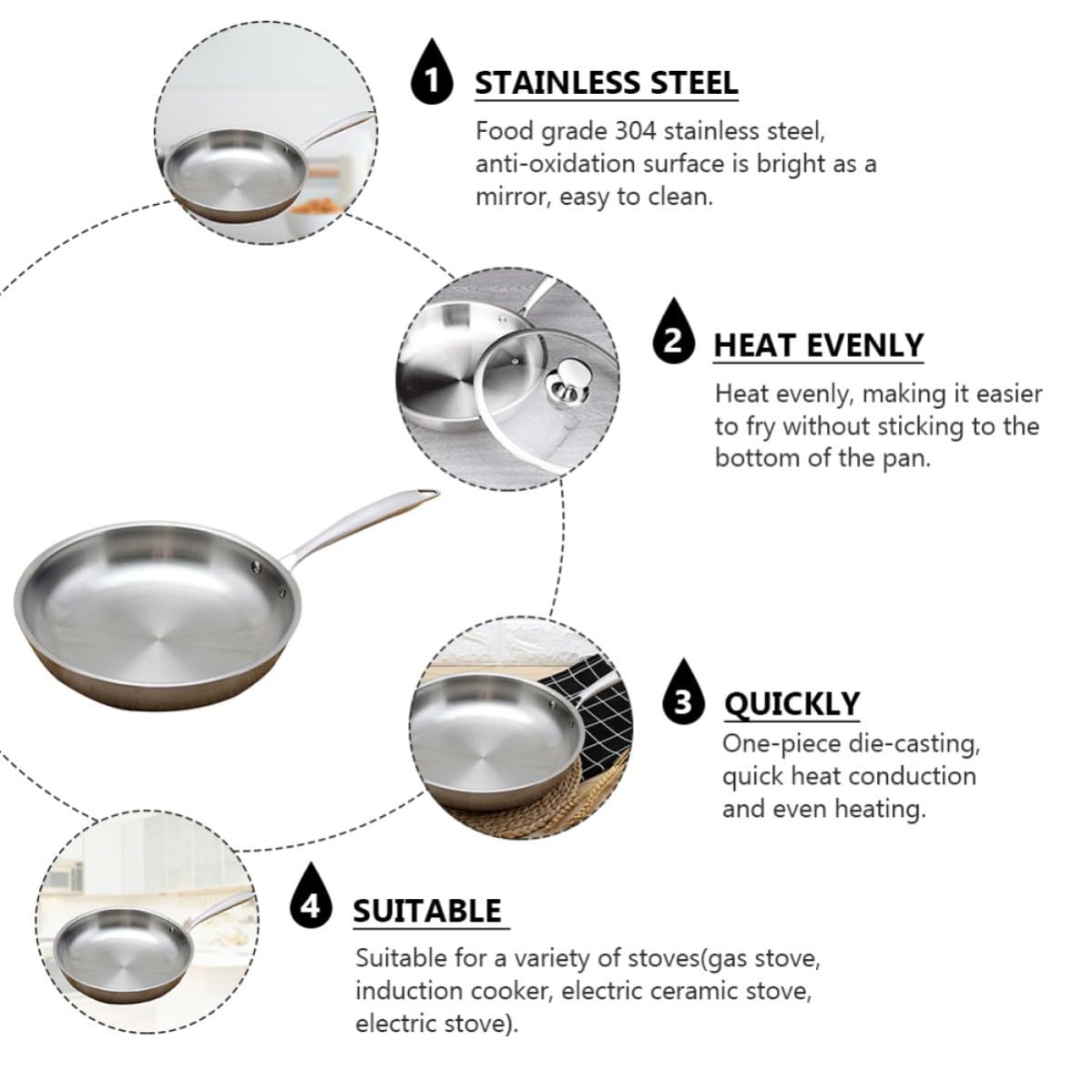 Sartén de Acero Inoxidable 304 Plata para Cocina y Estufa Eléctrica